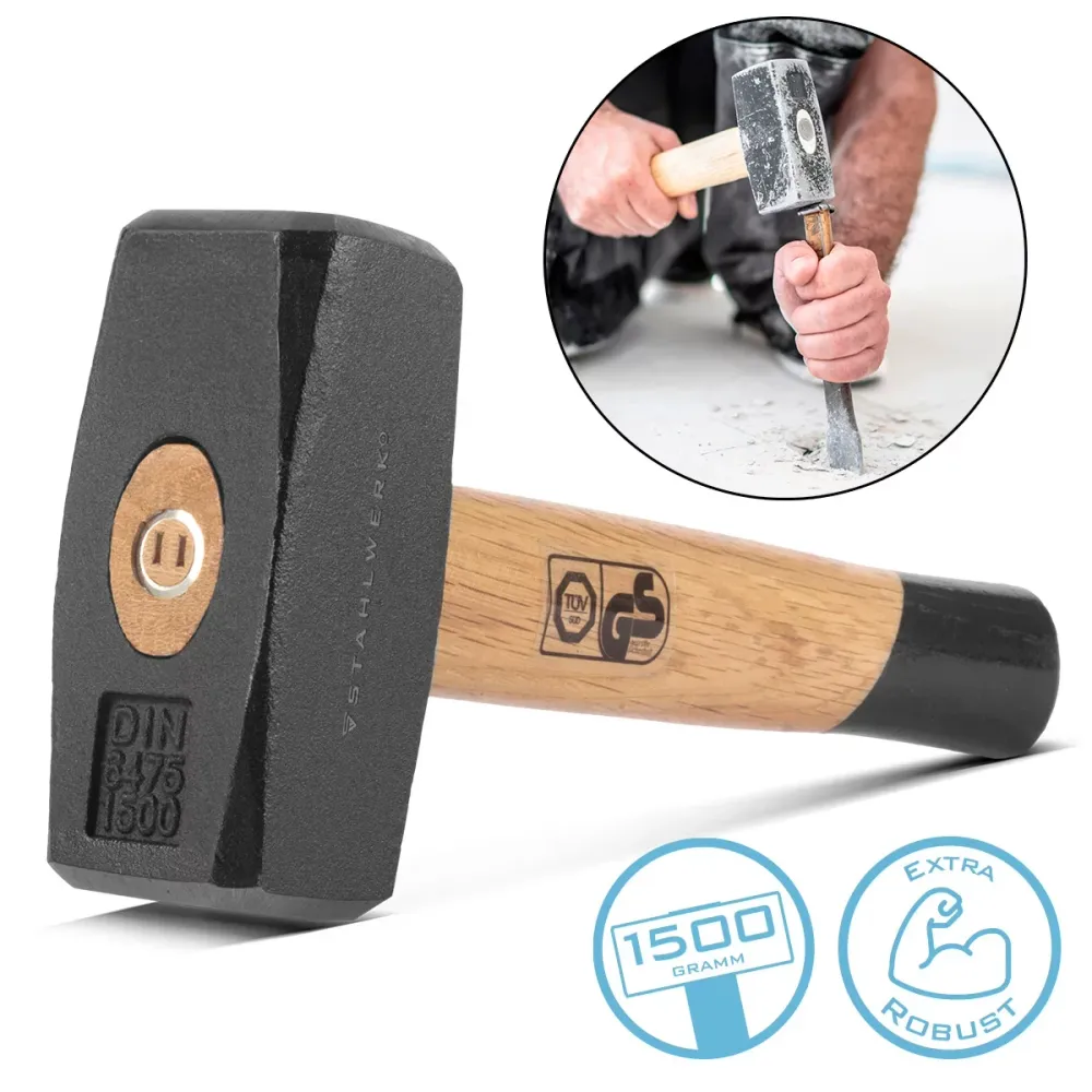 STAHLWERK Fäustel mit 1500 g Hammerkopf | Plattenhammer aus gehärtetem und lackiertem Carbon-Stahl | hochwertiger Hammer m...