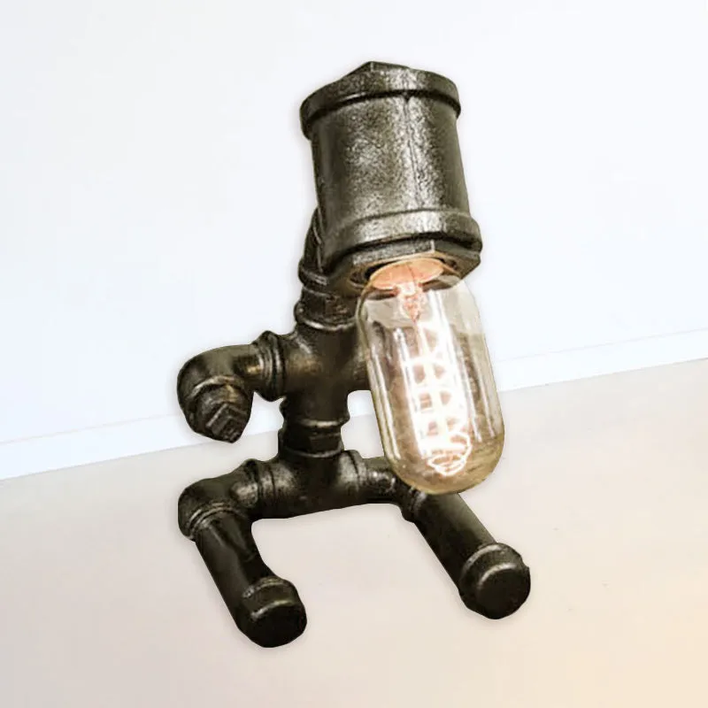 1 helle metallische Tischbeleuchtung, rustikaler Stil, Schwarz/Altbronze, sitzende Roboter-Tischlampe mit nackter Glühbirn...