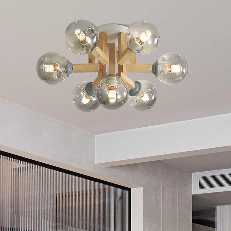 Modernism Globe Semi Flush Light Fixture Rauchgraues Glas 5/7 Glühbirnen Schlafzimmer Deckenleuchte mit gebogenem Holzarm...