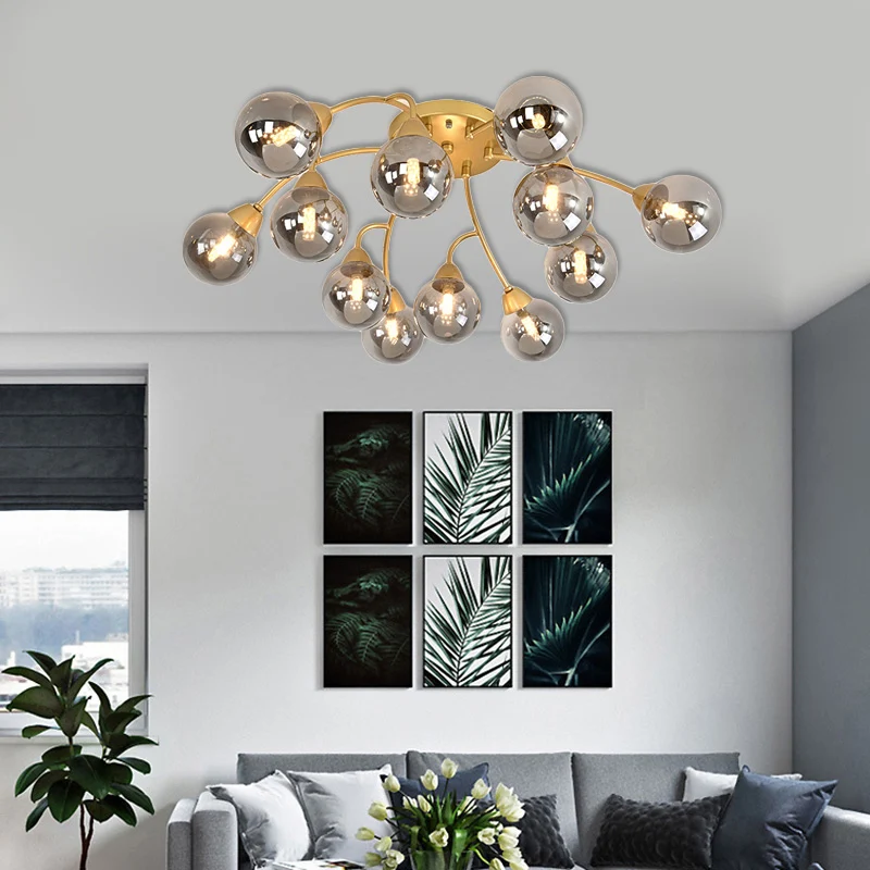 Traubenförmige, halbbündige Lampe, modernistisches Bernstein-/Rauch-/Cremeglas, 6/12 Lichter, goldfarbene, halbbündige LED...