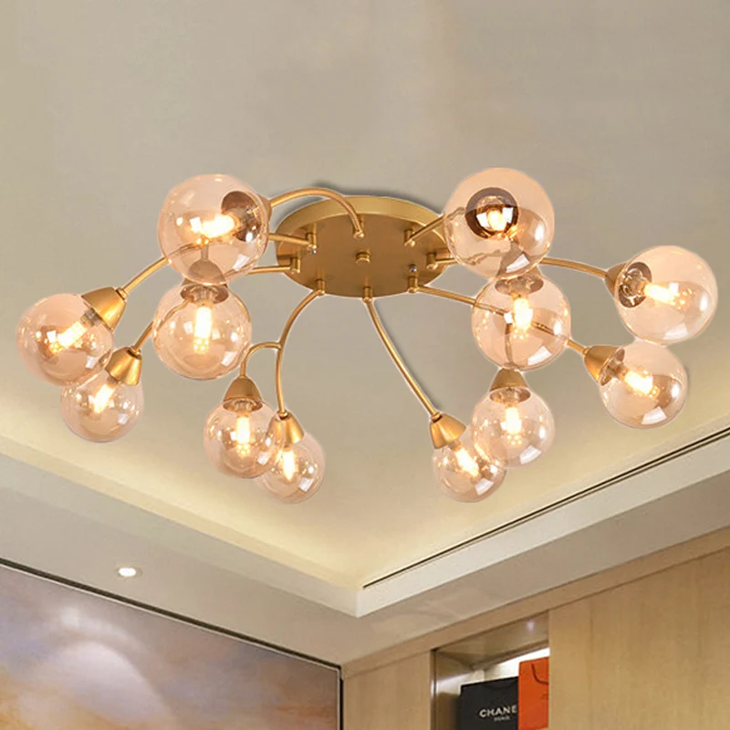 Traubenförmige, halbbündige Lampe, modernistisches Bernstein-/Rauch-/Cremeglas, 6/12 Lichter, goldfarbene, halbbündige LED...