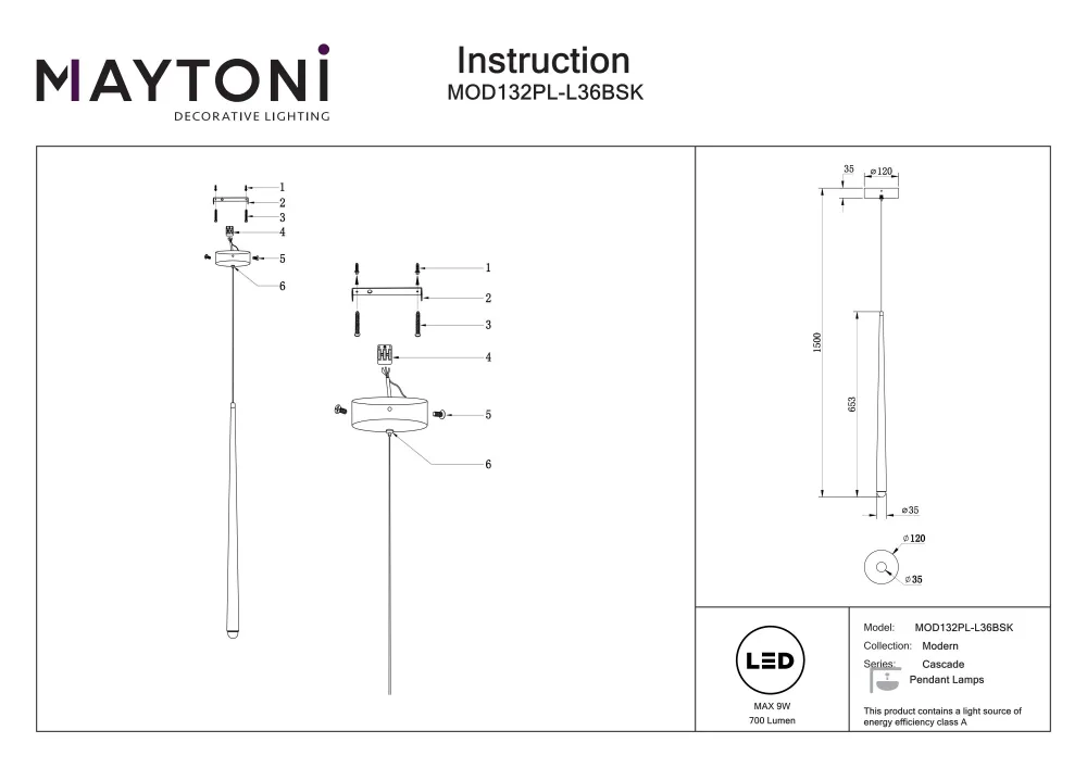 Maytoni Cascade 1L Deckenpendelleuchte, Messing, LED, Höhe 218,8 cm