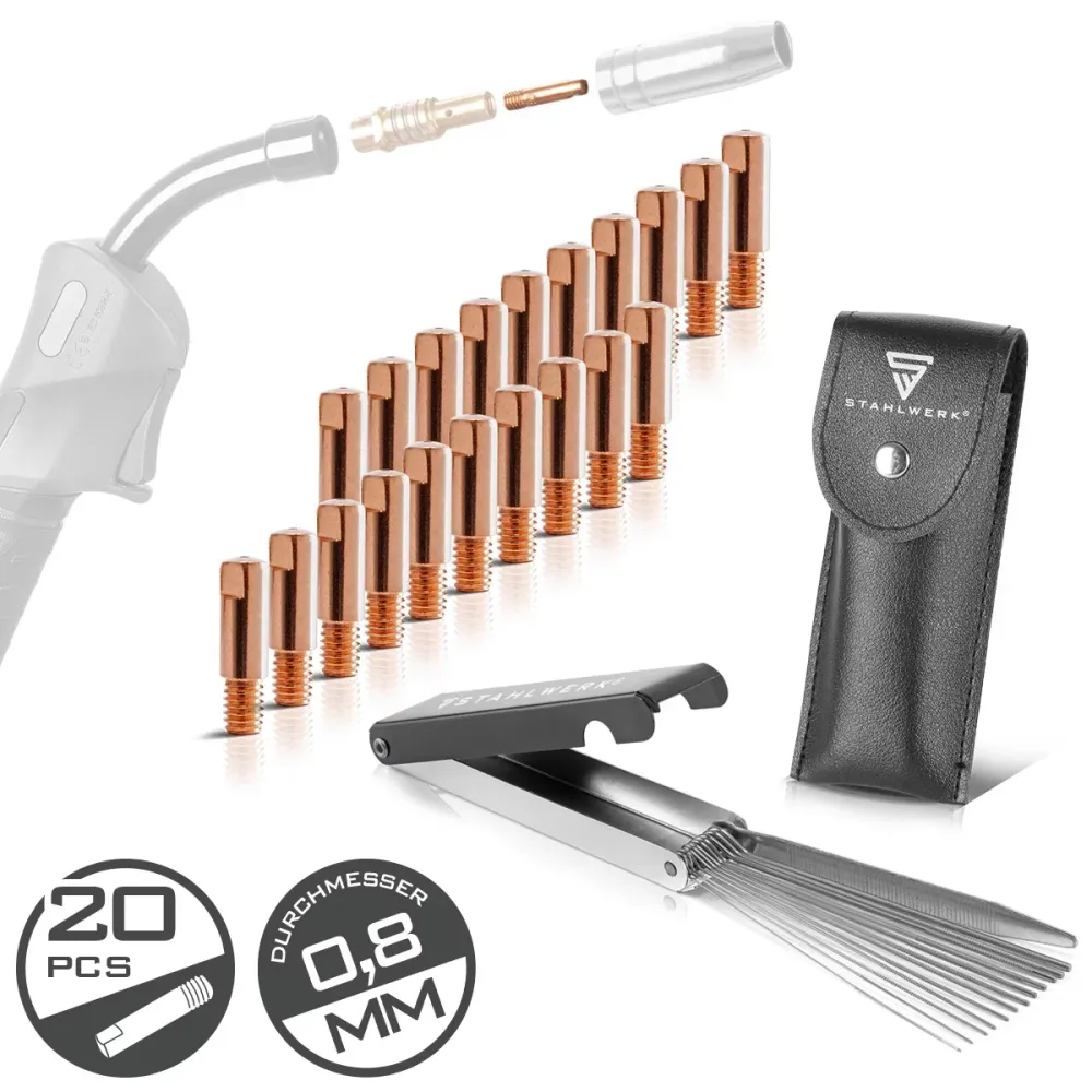 STAHLWERK MIG MAG Stromdüsen-Set | 20er Set Stromdüsen M6x25 0,8 mm |13--1 Düsenreiniger im Etui | Zubehör für AK15, MB15,...
